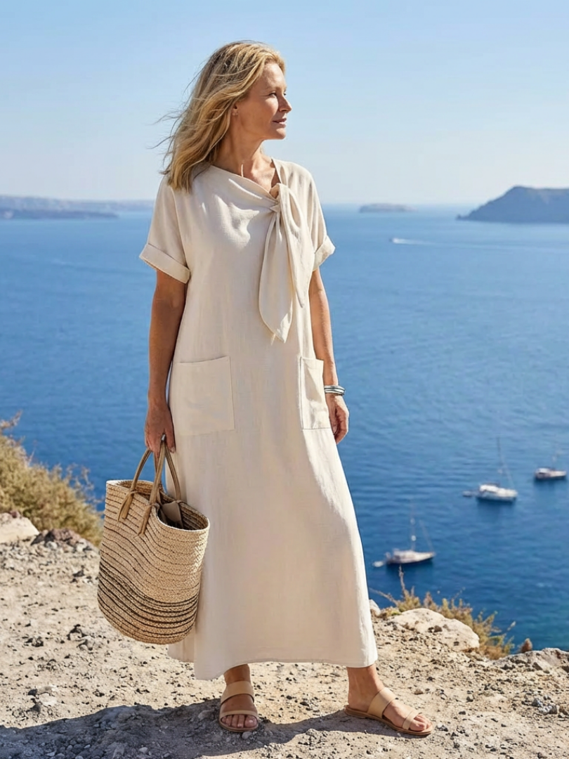 Elowyn | Rochie maxi cu guler rotund și mânecă scurtă, cu buzunare