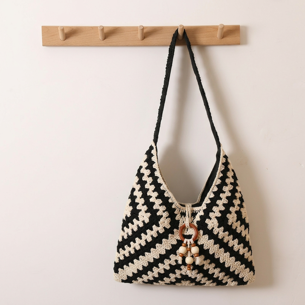 Boho - Geantă de umăr croșetată cu model Chevron