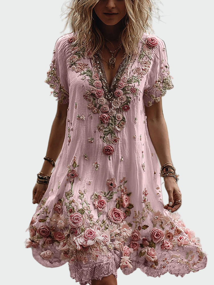 Rochie în stil vintage cu mâneci scurte și broderie florală elegantă