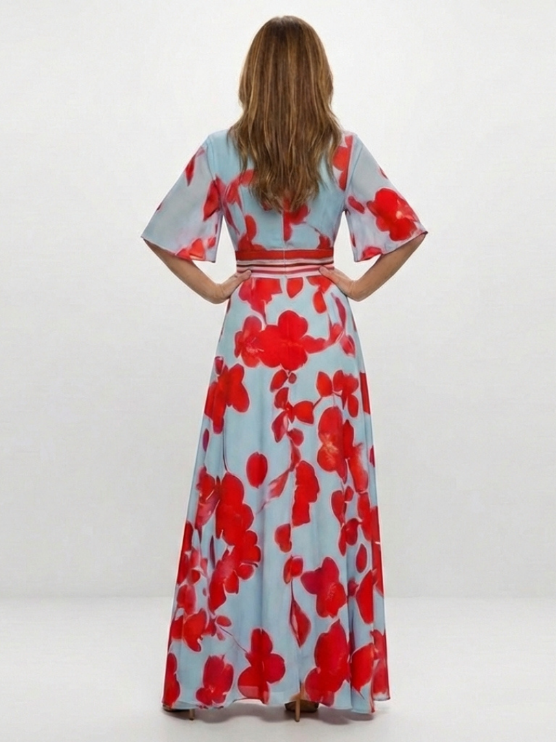 Corinne | Rochie maxi floral cu decolteu în V și mâneci scurte