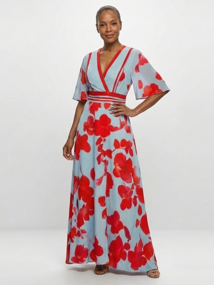 Corinne | Rochie maxi floral cu decolteu în V și mâneci scurte