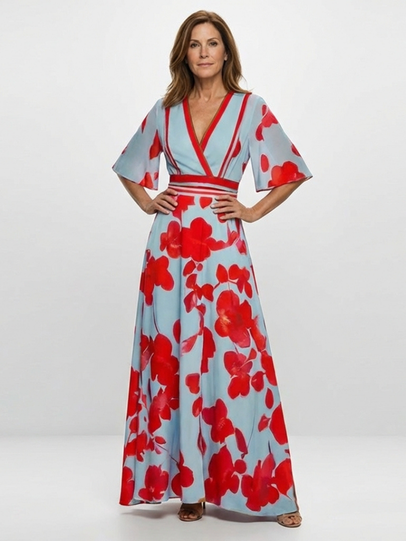 Corinne | Rochie maxi floral cu decolteu în V și mâneci scurte