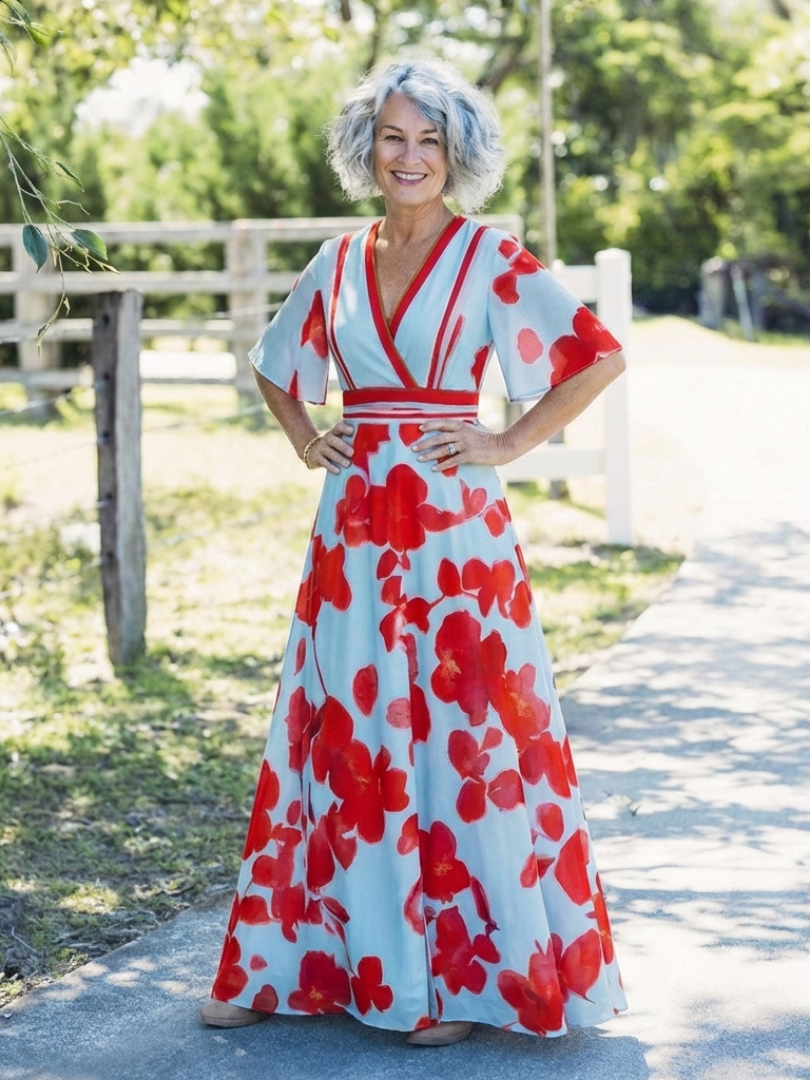 Corinne | Rochie maxi floral cu decolteu în V și mâneci scurte