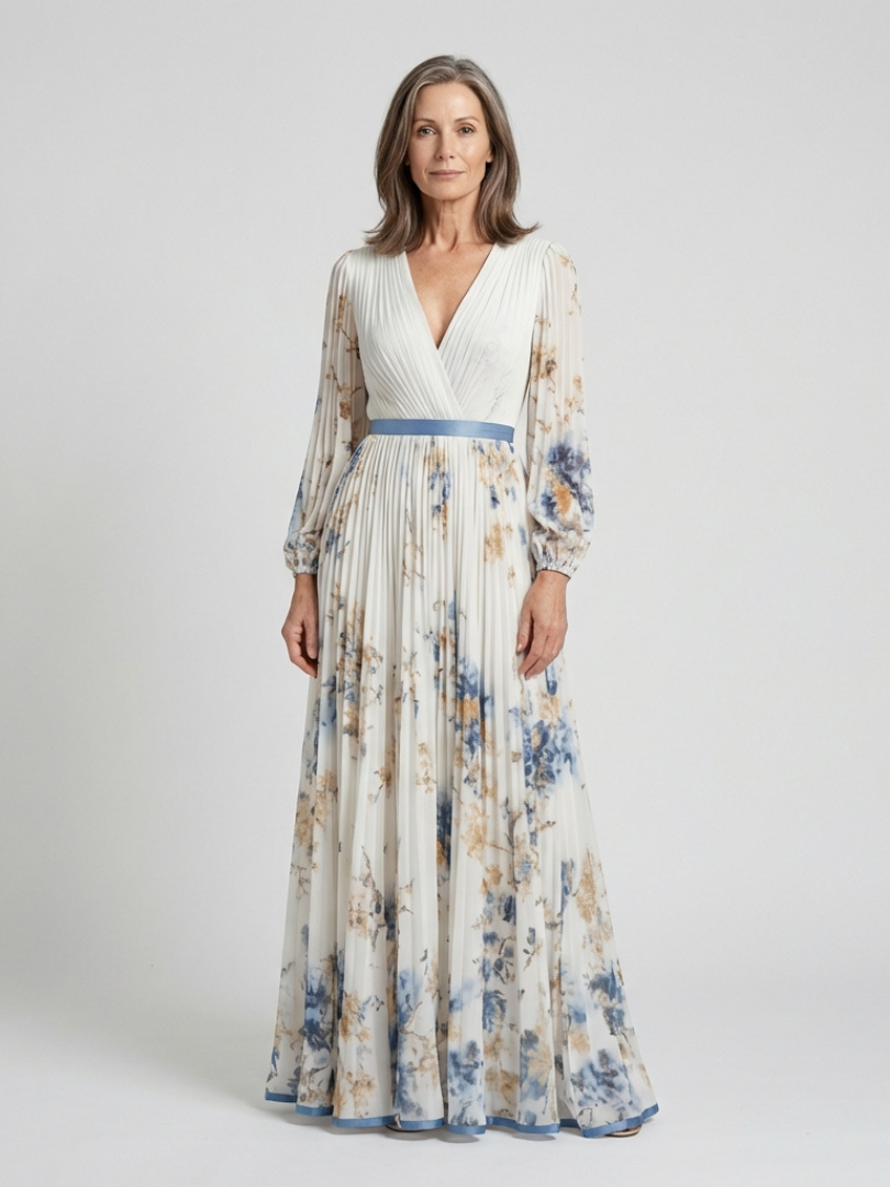 Lavinia | Rochie Maxi cu Mâneci Lungi și Decolteu în V cu Model Floral