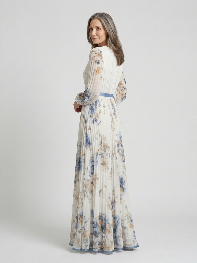 Lavinia | Rochie Maxi cu Mâneci Lungi și Decolteu în V cu Model Floral