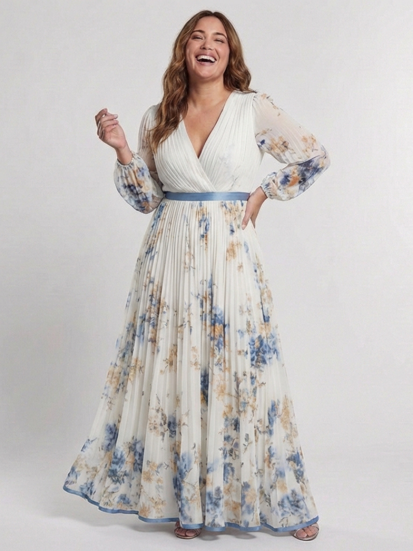 Lavinia | Rochie Maxi cu Mâneci Lungi și Decolteu în V cu Model Floral