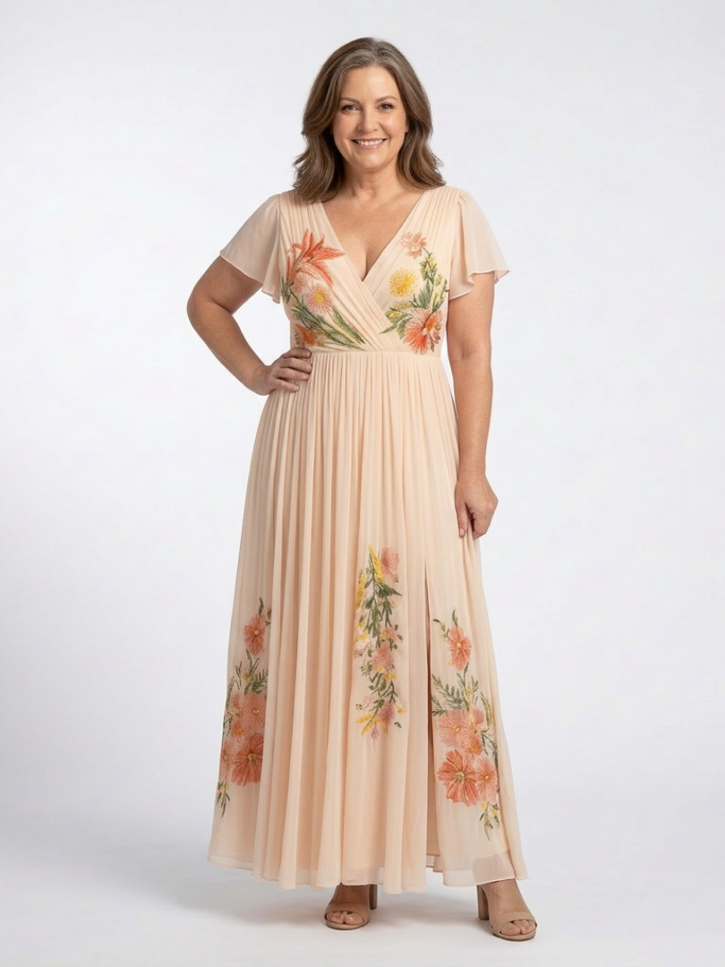 Calista | Rochie Maxi Floral cu Mâneci Scurte și Decolteu în V