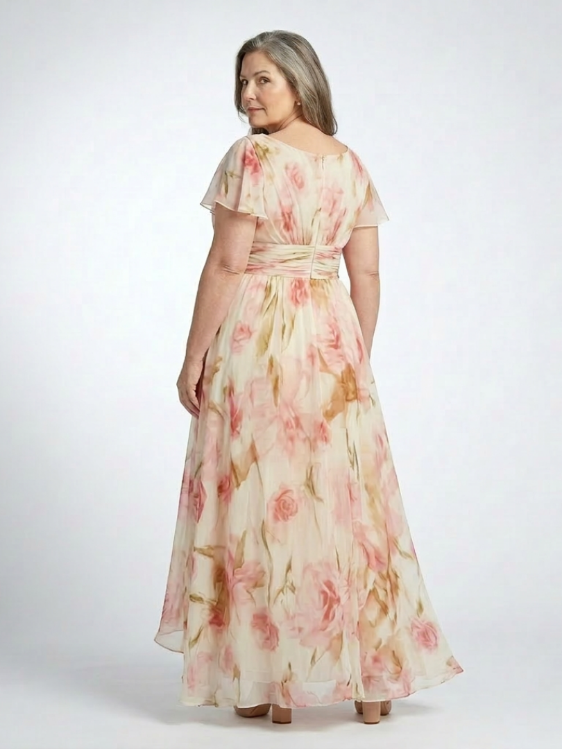 Elara | Rochie Maxi Floral cu Mâneci Scurte și Decolteu în V
