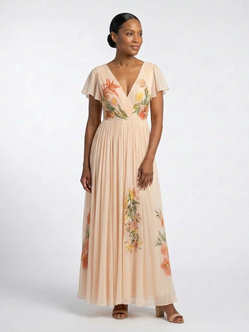 Calista | Rochie Maxi Floral cu Mâneci Scurte și Decolteu în V