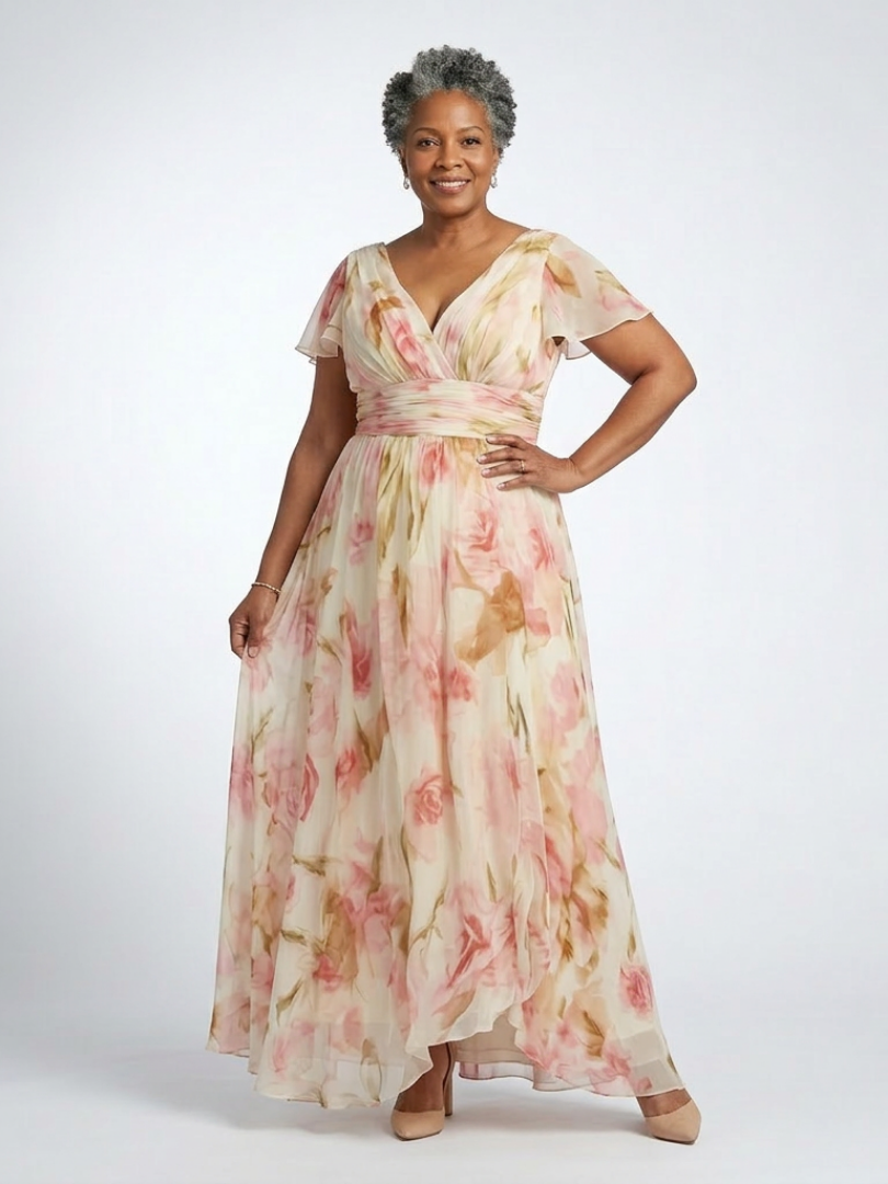 Elara | Rochie Maxi Floral cu Mâneci Scurte și Decolteu în V