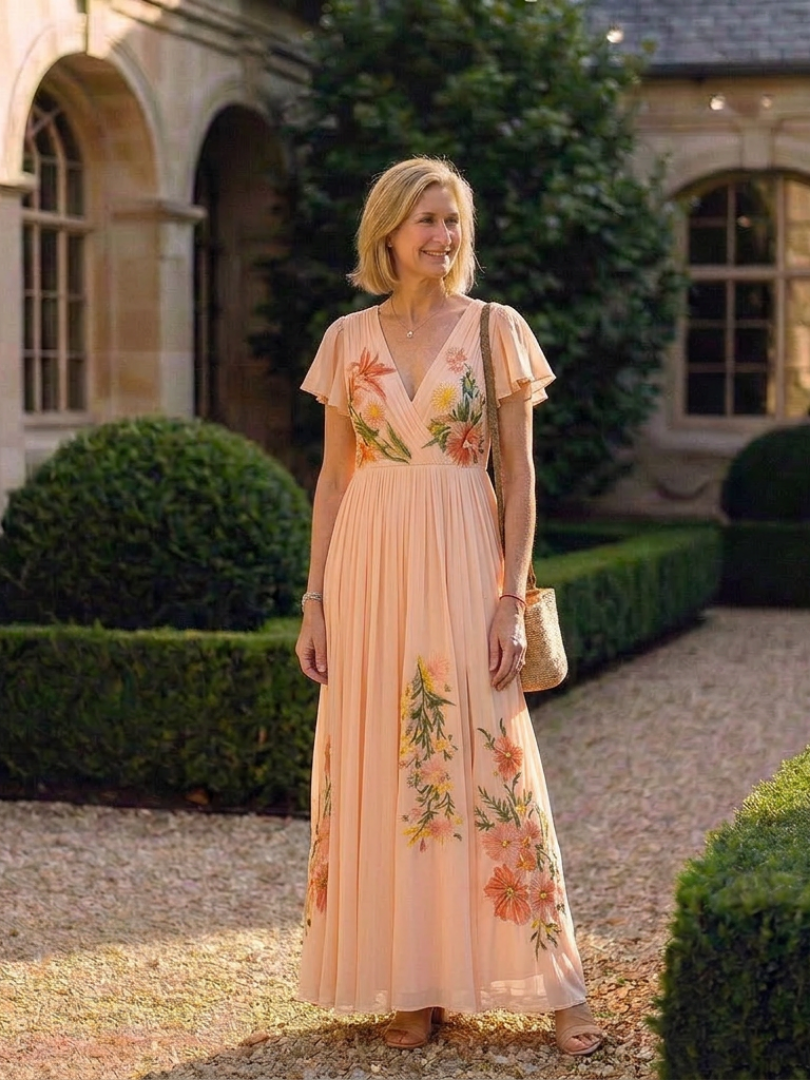 Calista | Rochie Maxi Floral cu Mâneci Scurte și Decolteu în V