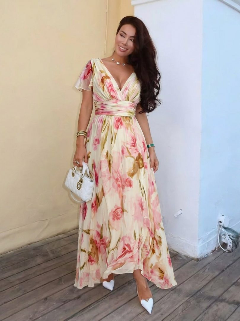 Elara | Rochie Maxi Floral cu Mâneci Scurte și Decolteu în V