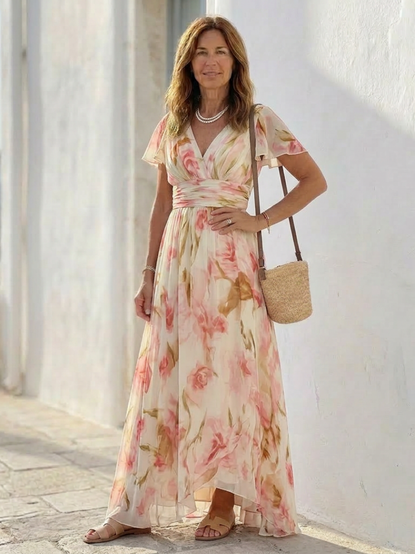Elara | Rochie Maxi Floral cu Mâneci Scurte și Decolteu în V