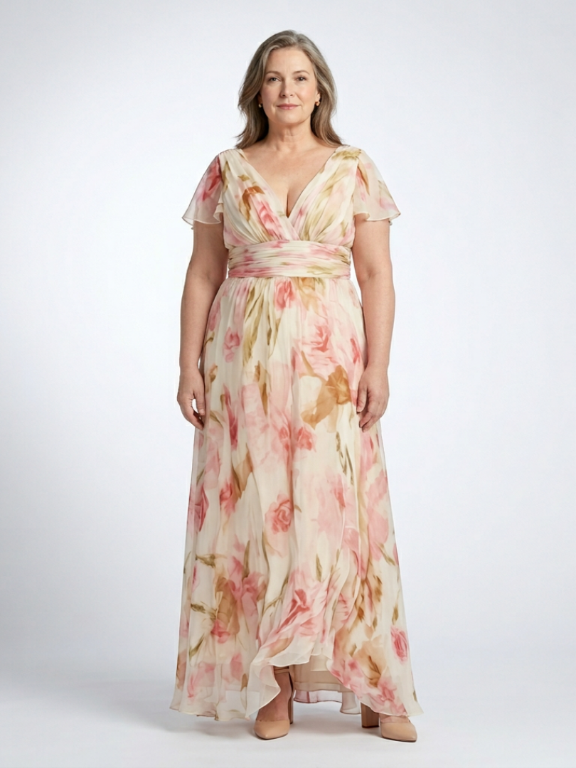 Elara | Rochie Maxi Floral cu Mâneci Scurte și Decolteu în V