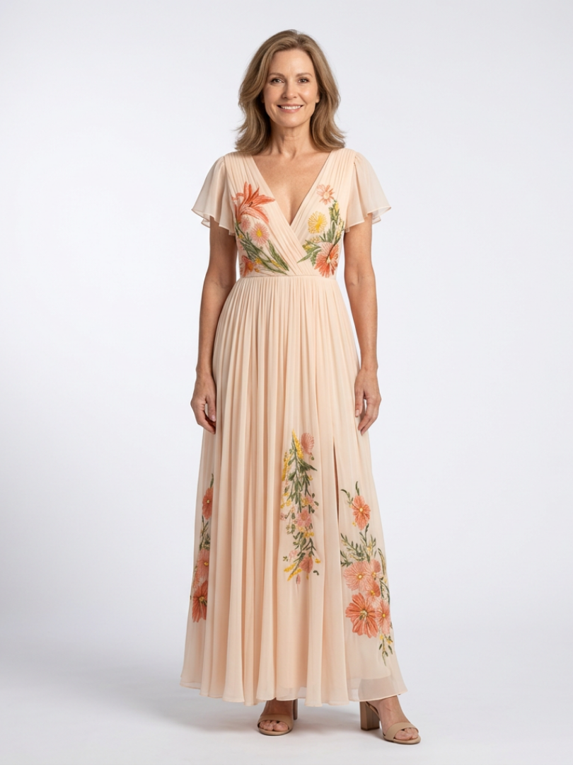 Calista | Rochie Maxi Floral cu Mâneci Scurte și Decolteu în V