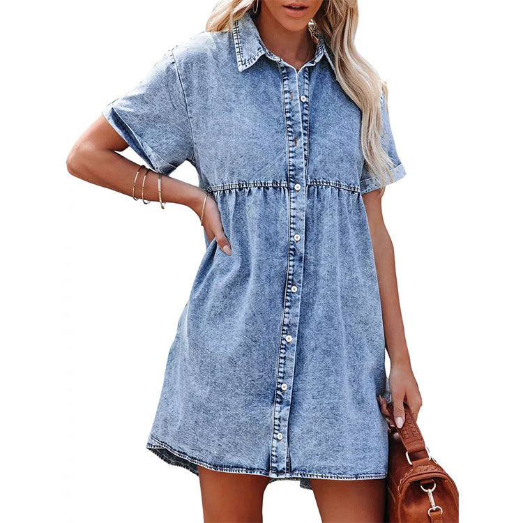 European And American Washed Denim Lapel Ruffled Dress