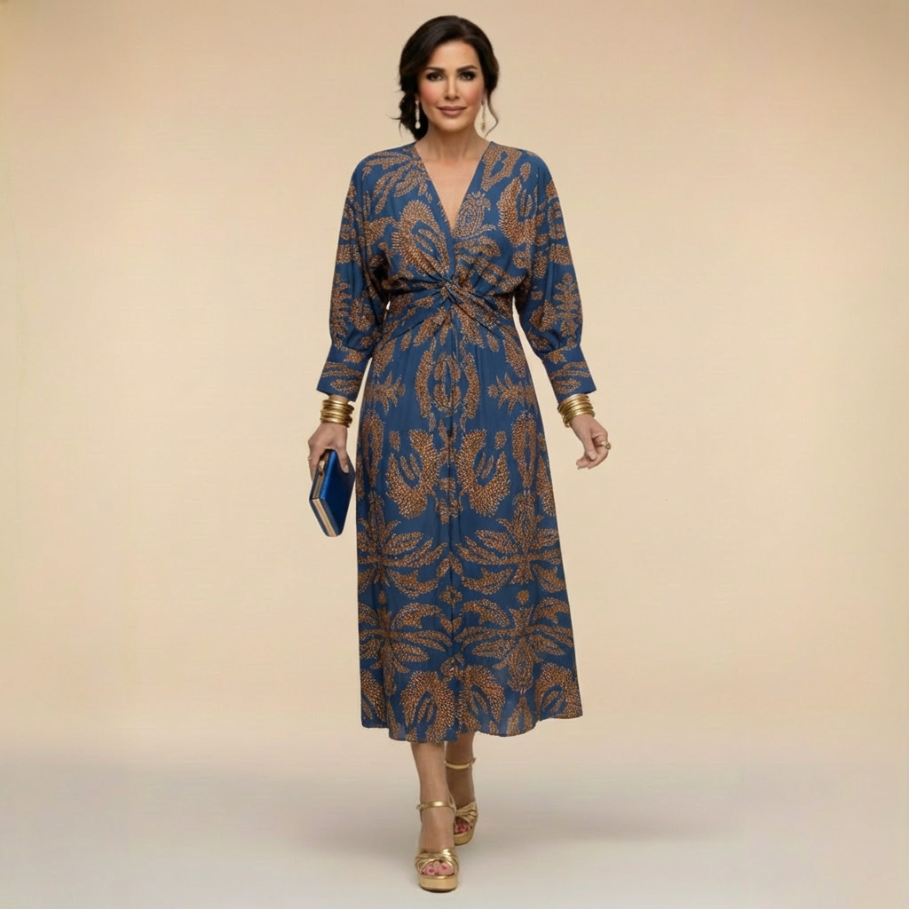 Natalia - Rochie midi elegantă cu imprimeu atemporal