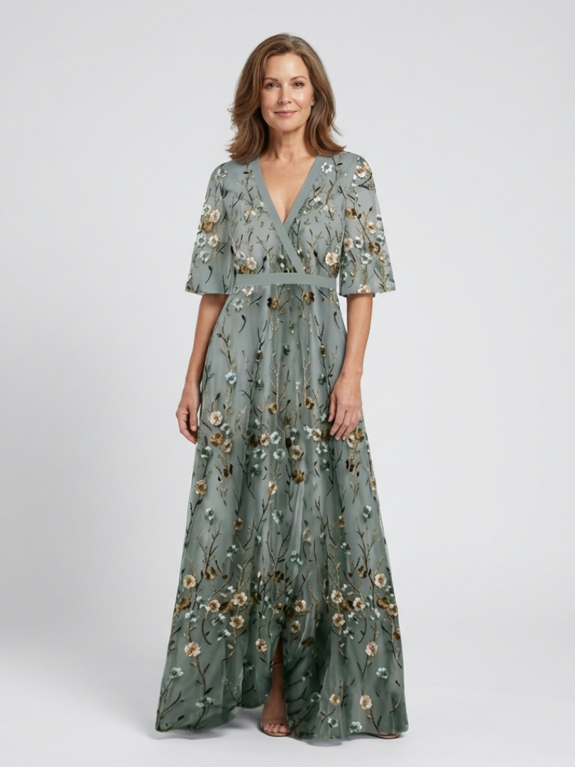 Evadne | Rochie Maxi cu Decolteu în V Floral și Mâneci Scurte