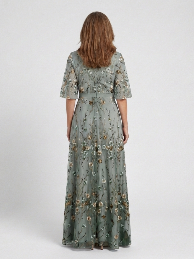 Evadne | Rochie Maxi cu Decolteu în V Floral și Mâneci Scurte