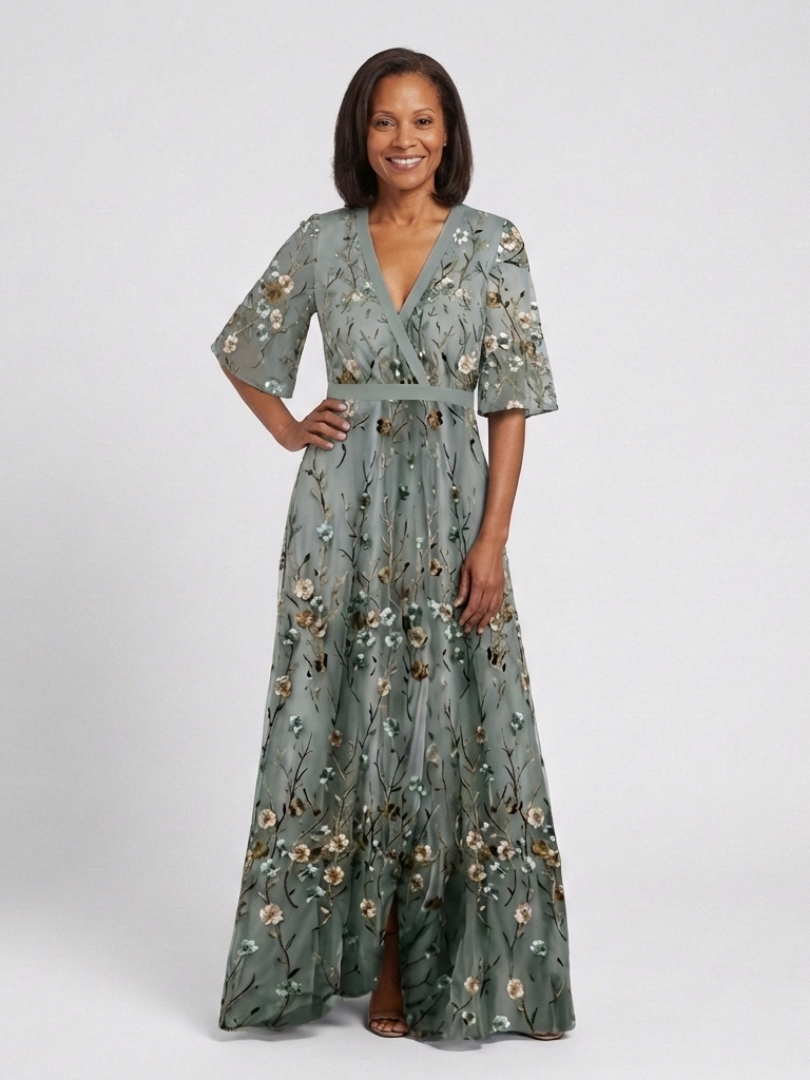 Evadne | Rochie Maxi cu Decolteu în V Floral și Mâneci Scurte