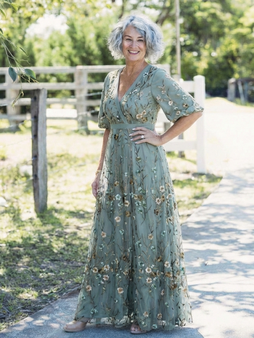 Evadne | Rochie Maxi cu Decolteu în V Floral și Mâneci Scurte