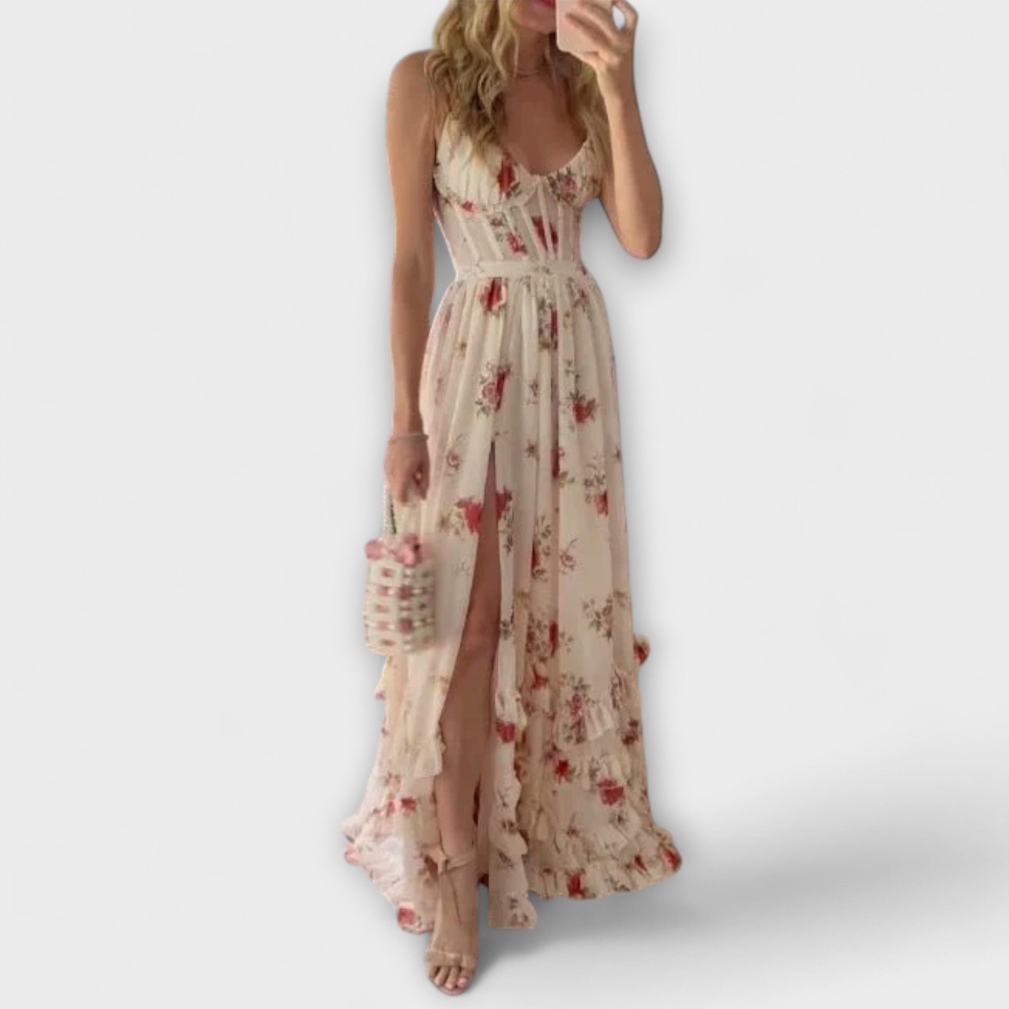 Rochie maxi cu model floral și crăpătură 