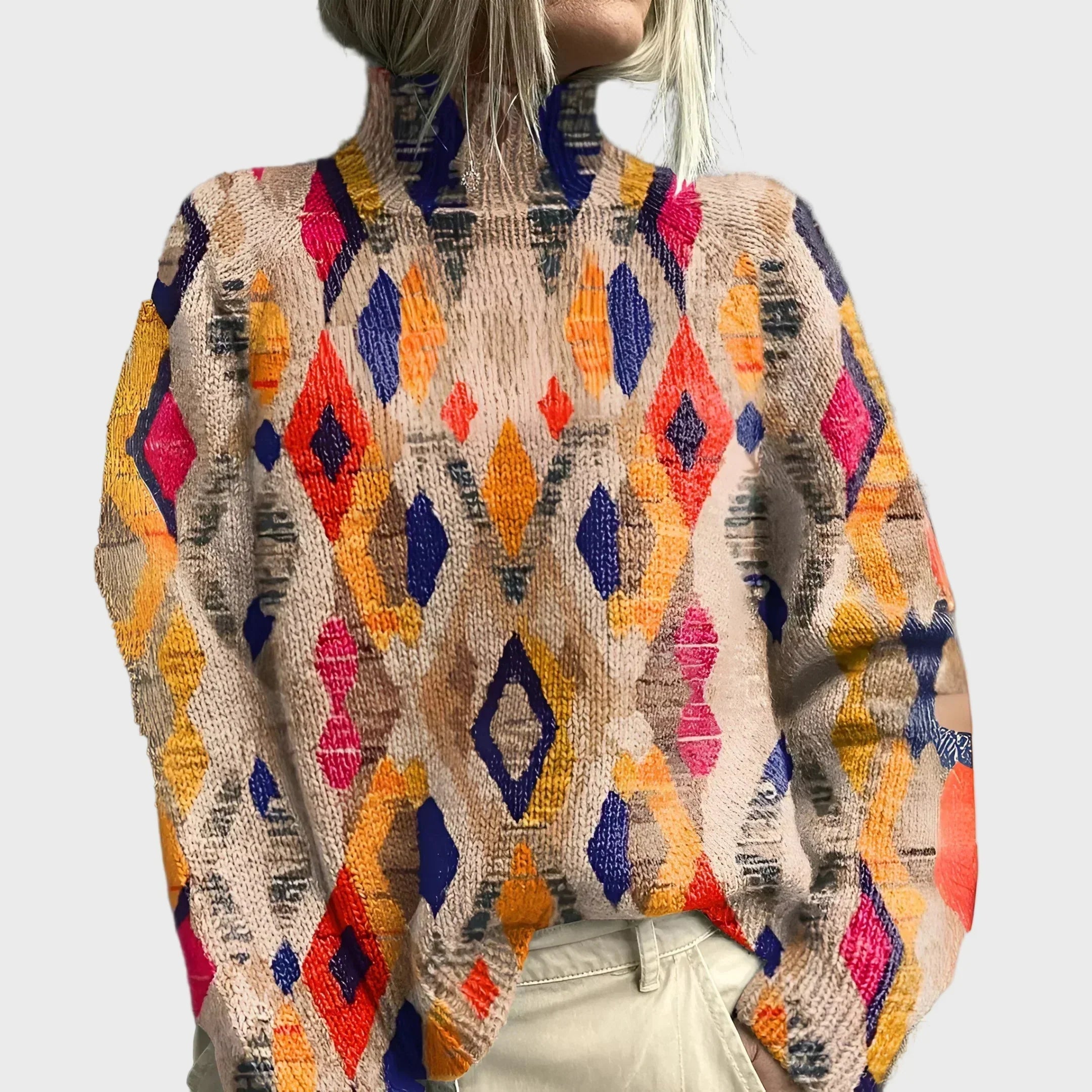 Pulover tricotat cu guler înalt și model geometric