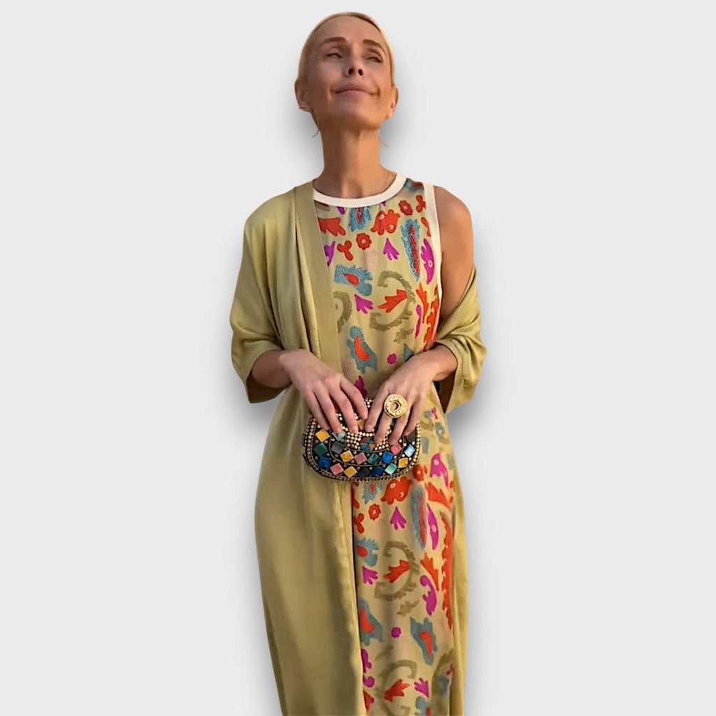 Long Dress with Floral Pattern and Light Jacket