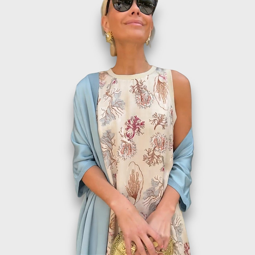 Long Dress with Floral Pattern and Light Jacket