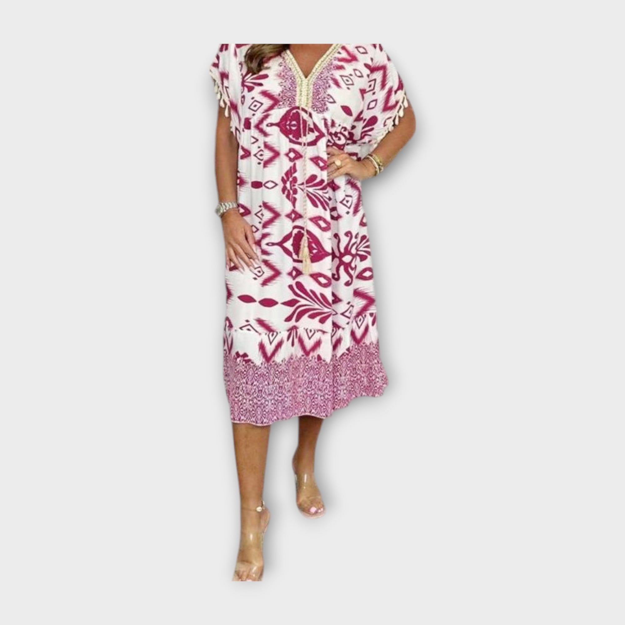 Caftan până la genunchi cu modele și șnur de strângere