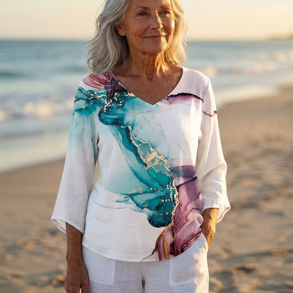 Luna - V-Neck Asymmetric Blouse | Teal Purple Marble