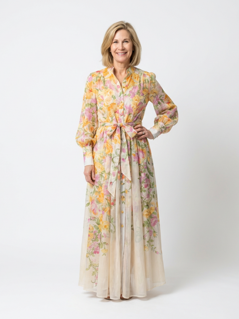 Cressida | Rochie Maxi Transparentă cu Mâneci Lungi și Flori