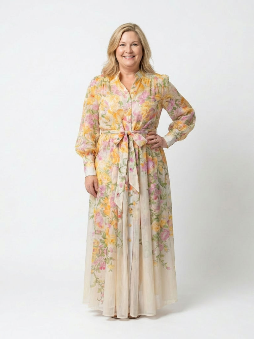 Cressida | Rochie Maxi Transparentă cu Mâneci Lungi și Flori
