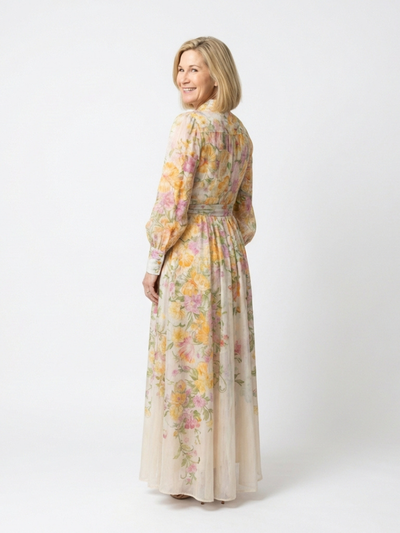 Cressida | Rochie Maxi Transparentă cu Mâneci Lungi și Flori