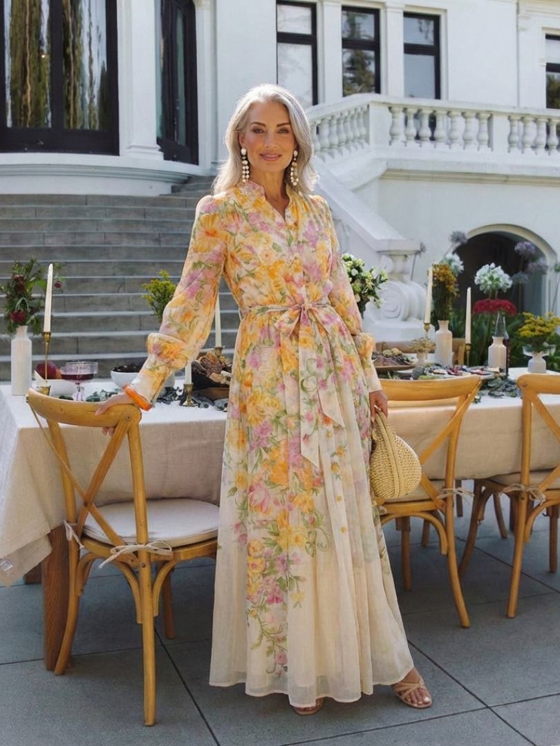 Cressida | Rochie Maxi Transparentă cu Mâneci Lungi și Flori