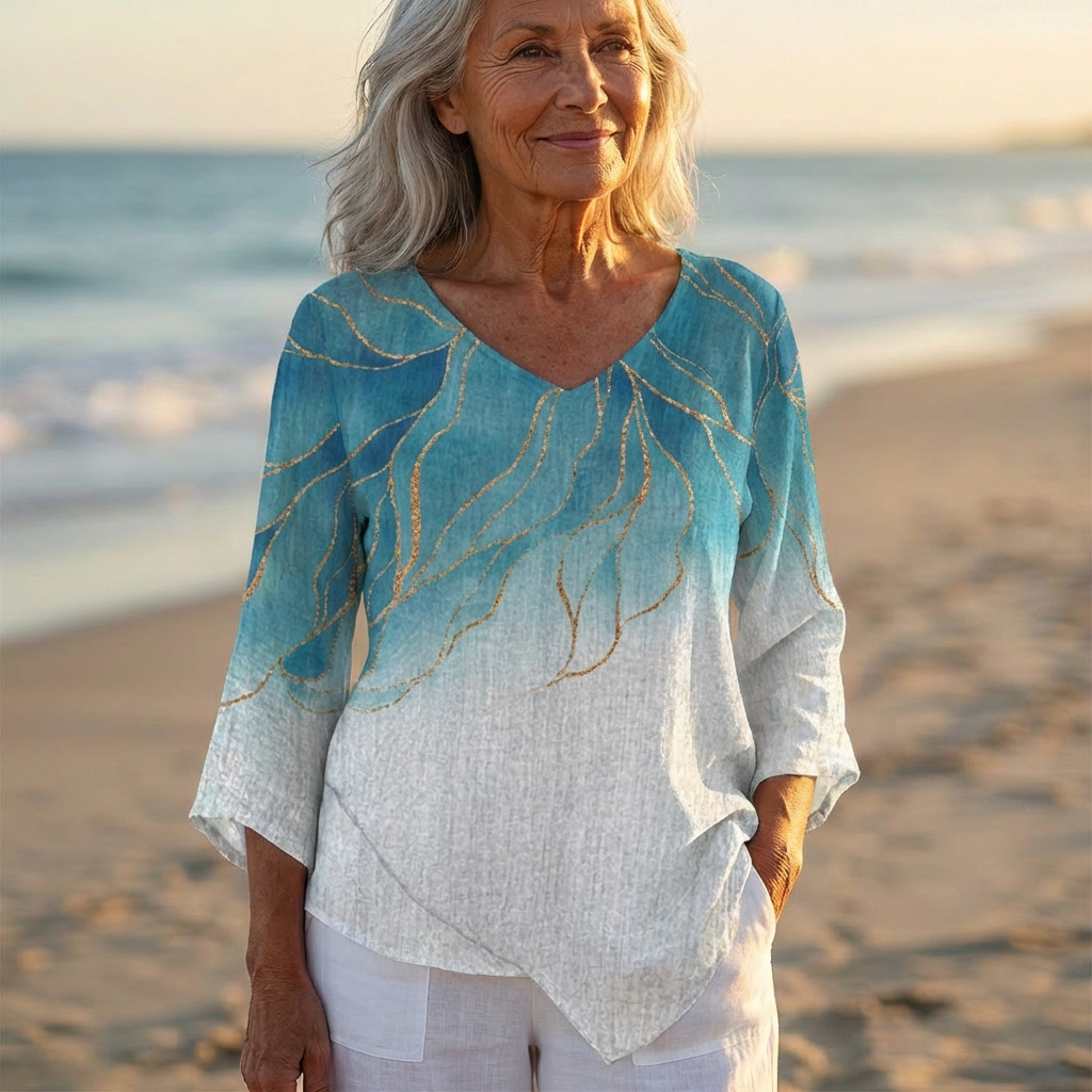 Luna - V-Neck Asymmetric Blouse | Teal Gold Vines